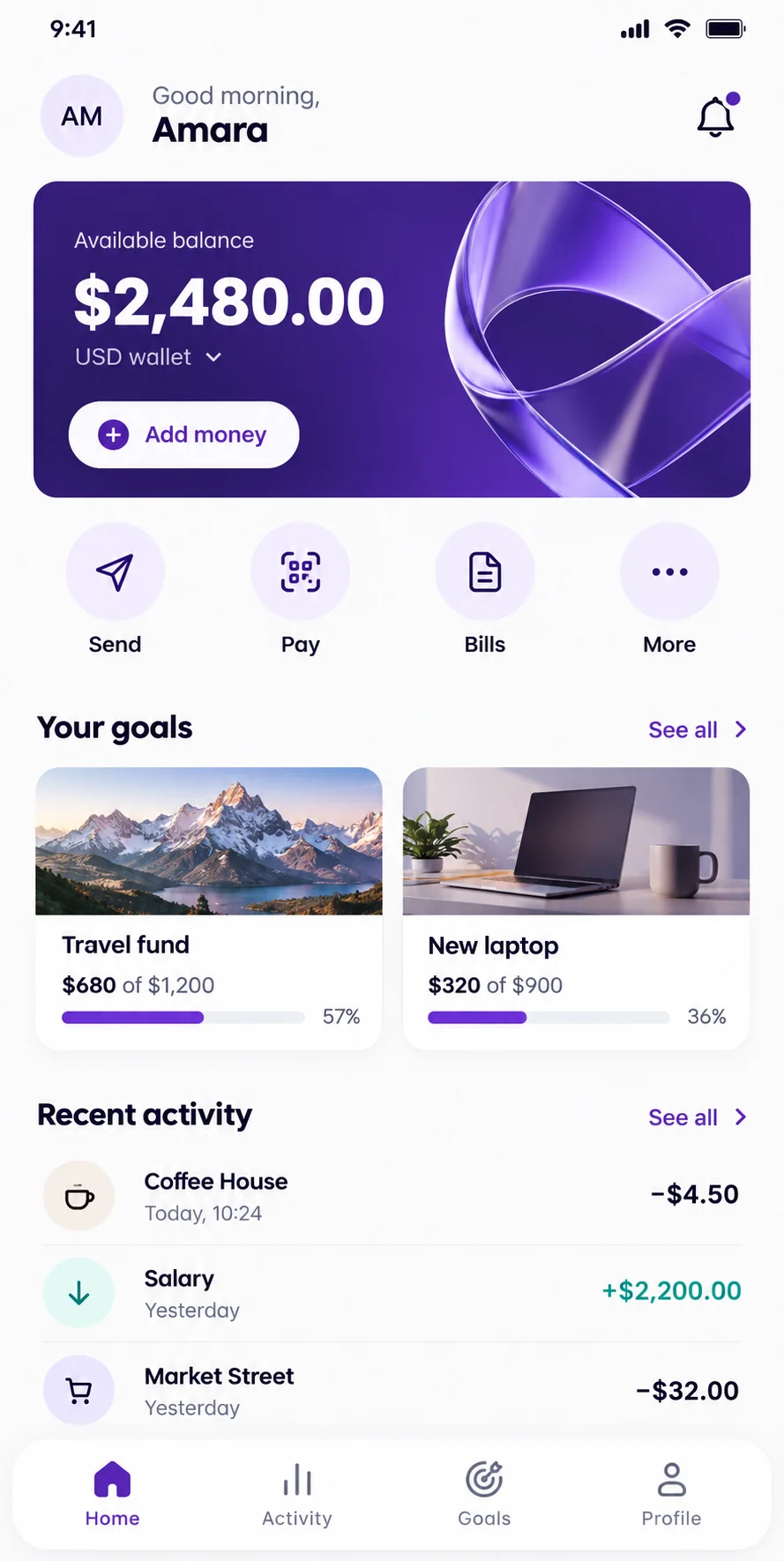 Original everyday money app interface with balance, quick actions, savings goals and activity