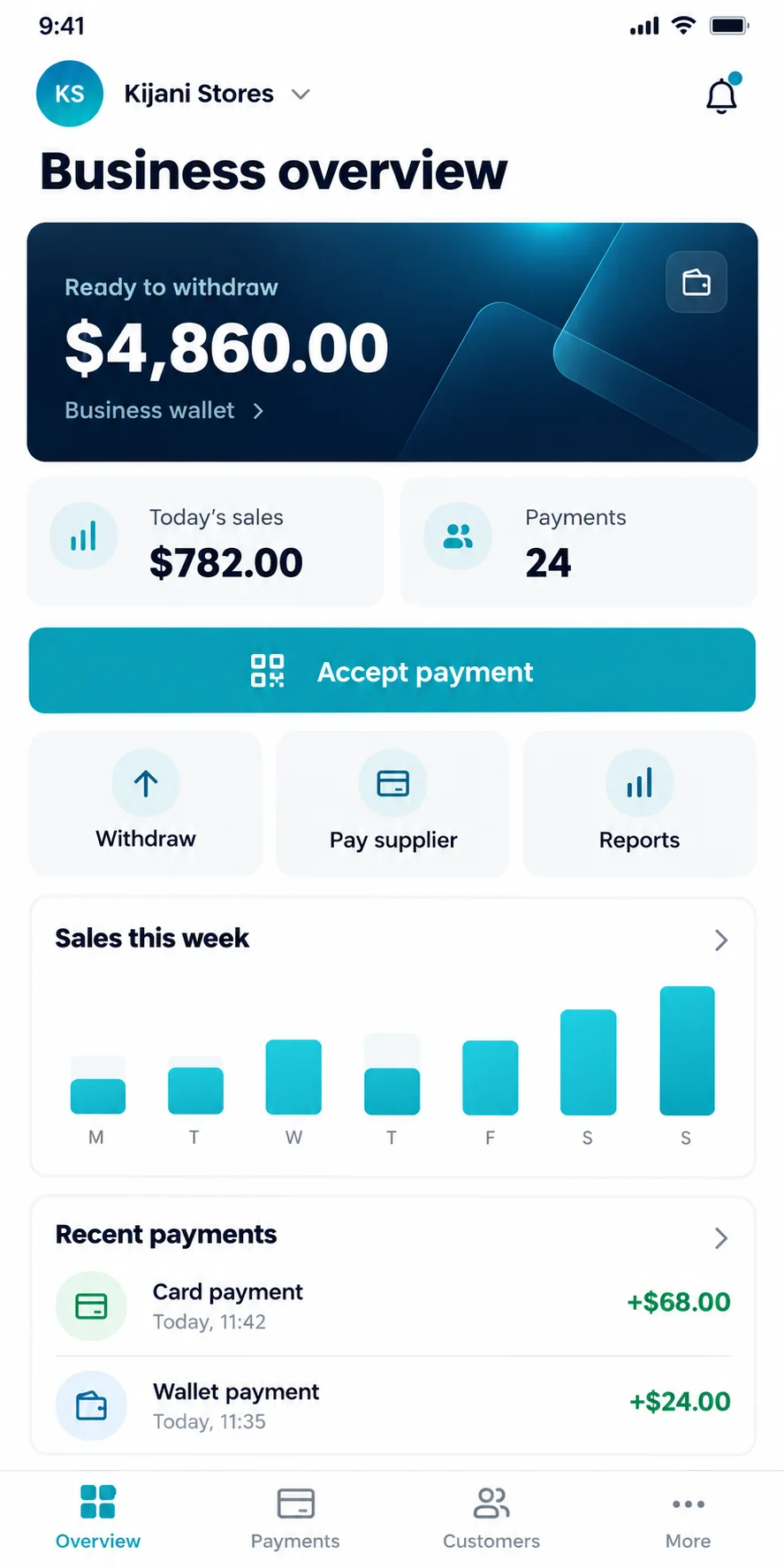 Original merchant app interface with business balance, payment acceptance, sales and recent collections